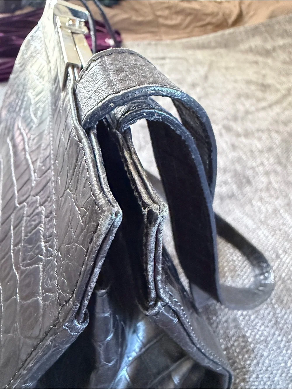 Black Croc-Embossed Shoulder Bag with Top Frame